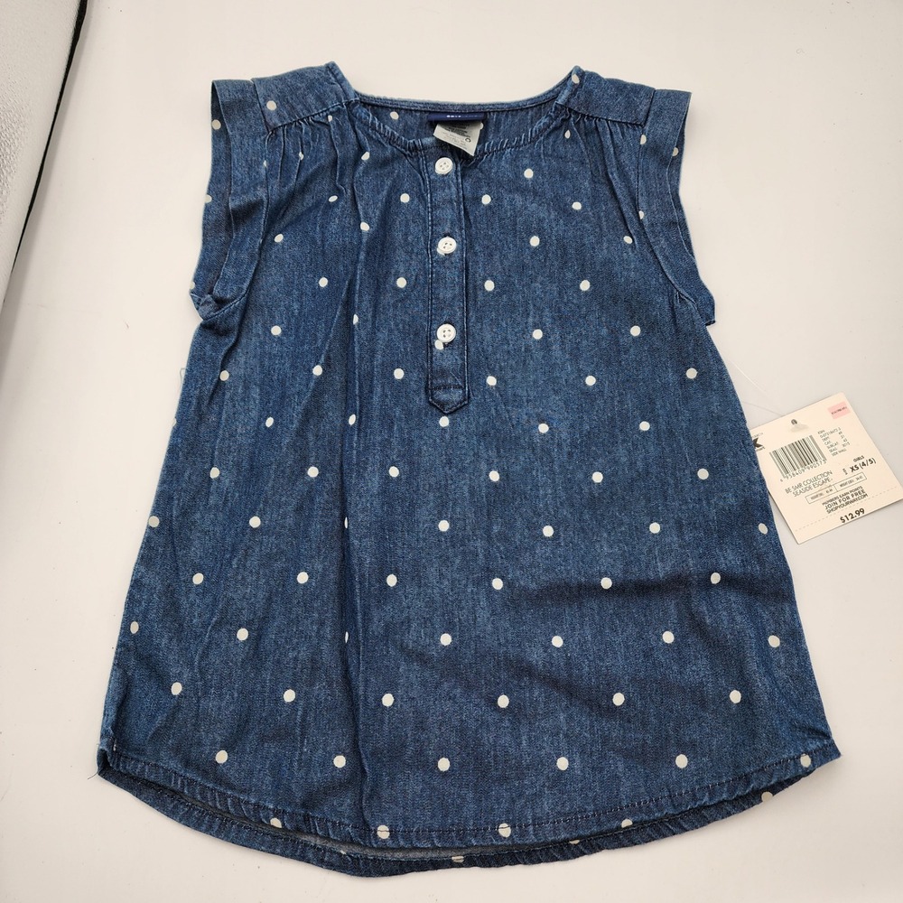 Basic Editions Girls XS Denim Dress‎ Sleeveless Blue Polka Dot Kids Clothes